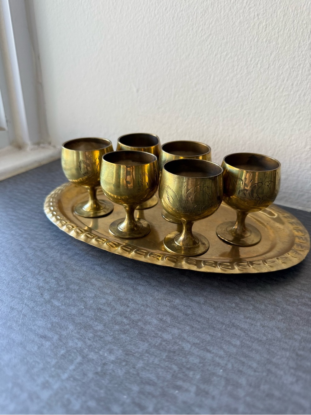 Brass mini goblet set and tray